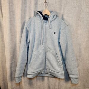 U.S. Polo Assn. Sherpa Lined Jacket Mens M Gray Full Zip Hooded Thick Heavy Logo